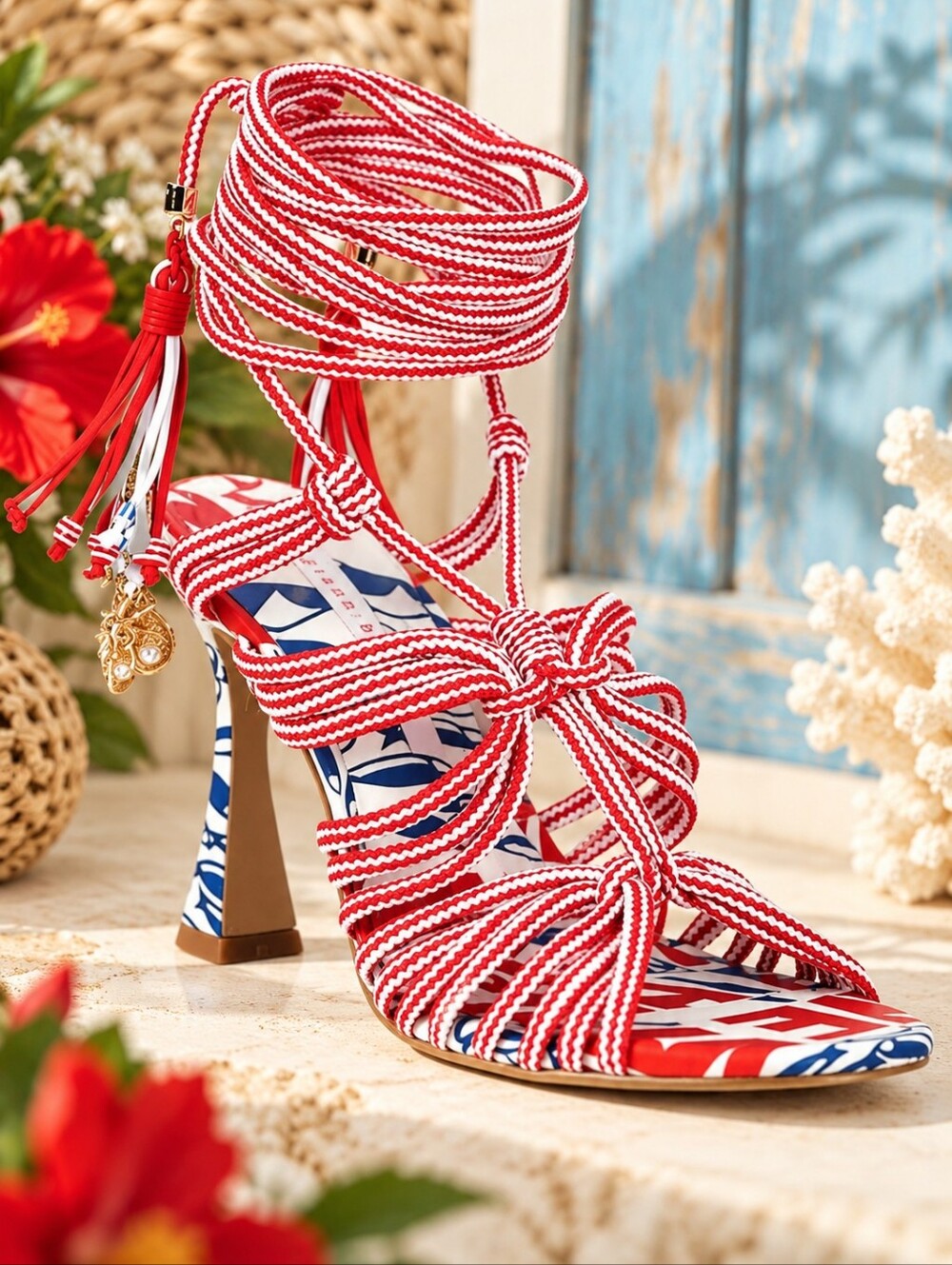 Gianni Bini Haiku White & Red Striped Tassel Ankle Wrap Printed Dress Sandals